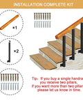 Installation kit for Rock Solid Outdoor Wooden Handrail For 1 To 3 Steps showing wooden handrail and two metal pillars.