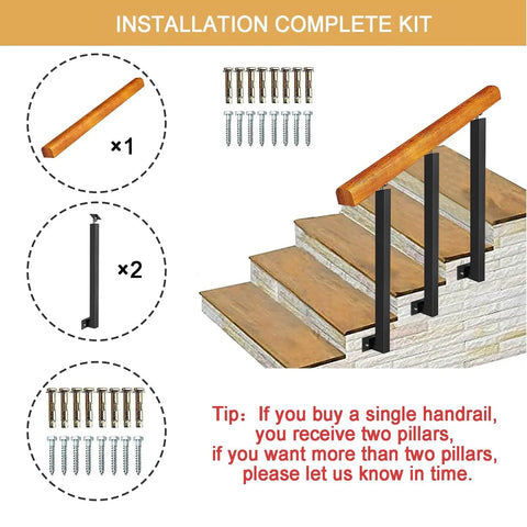Installation kit for Rock Solid Outdoor Wooden Handrail For 1 To 3 Steps showing wooden handrail and two metal pillars.