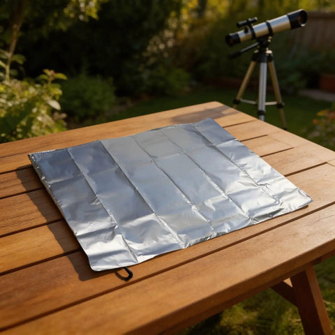 Silver 420D Oxford Telescope Cover For Outdoor Use With Reflective Heat Defense on wooden table, telescope in background.