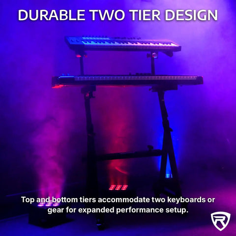 Heavy-Duty Dual-Tier Keyboard Stand With Locking Wheels, Adjustable 26 to 38 Inches Height, supporting two keyboards on stage