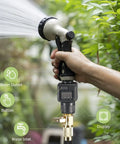 Water Flow Meter For Garden Hose With IPX6 Waterproof LCD Display attached to hose showing real-time usage.