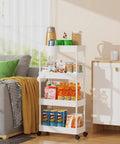 Slim Rolling Storage Cart Four Tiers For Narrow Spaces Mobile Bathroom And Kitchen Organizer With Slide Out Shelves White Finish