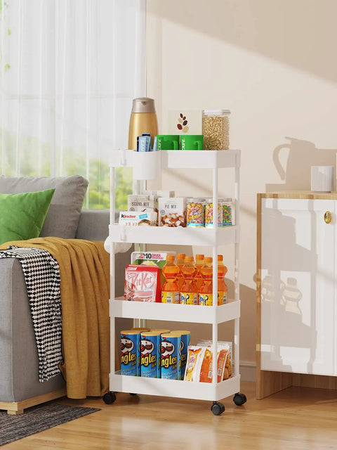 Slim Rolling Storage Cart Four Tiers For Narrow Spaces Mobile Bathroom And Kitchen Organizer With Slide Out Shelves White Finish