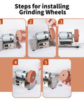 Steps for installing grinding wheels on the Top Notch Mini Bench Grinder With Dual Ceramic Wheels For Razor Edge Shaving And Heavy Duty Metal Or Wood Carving Solid Steel Base.