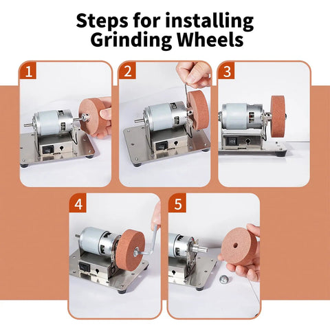 Steps for installing grinding wheels on the Top Notch Mini Bench Grinder With Dual Ceramic Wheels For Razor Edge Shaving And Heavy Duty Metal Or Wood Carving Solid Steel Base.
