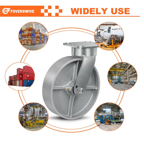 Hardcore 8 Inch Kingpinless Casters 10000 Lbs Capacity Set Of 4 Cast Iron Swivel Wheels With Roller Bearing showcased in industrial settings.