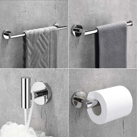 Polished Chrome 4 Piece Bathroom Hardware Set For Modern Style, featuring 16 inch wall mounted towel bar, SUS304 stainless steel