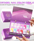 Pro Gel Polish Kit For Salon Use, 36 Color Set, HEMA-Free, swatch cards displayed on purple background, hand holding display