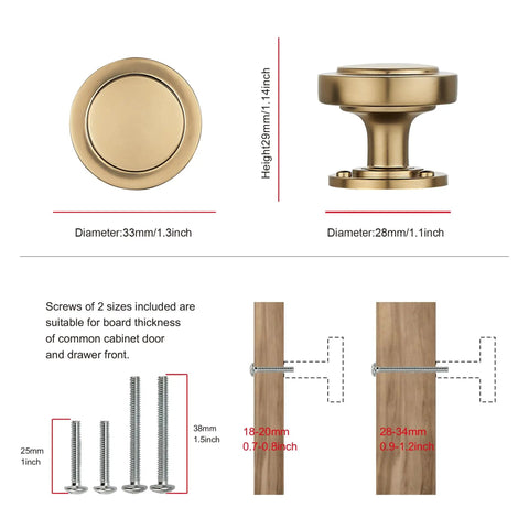 10 Pack Modern Round Cabinet Knobs In Champagne Bronze, Single Hole Hardware Pulls, size and installation guide included