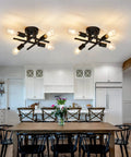 Four Light Semi Flush Mount Ceiling Light Fixture Two Pack Matte Black in modern kitchen with dining table