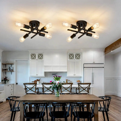 Four Light Semi Flush Mount Ceiling Light Fixture Two Pack Matte Black in modern kitchen with dining table