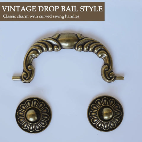 Six Pack Vintage Drop Bail Cabinet Handles In Antique Brass Finish with decorative rosettes, classic style for furniture updates.