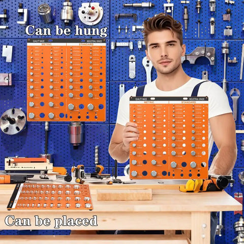 Person holding Dual SAE And Metric Nut And Bolt Thread Gauge Set For Quick No Fuss Precision Identification in a workshop