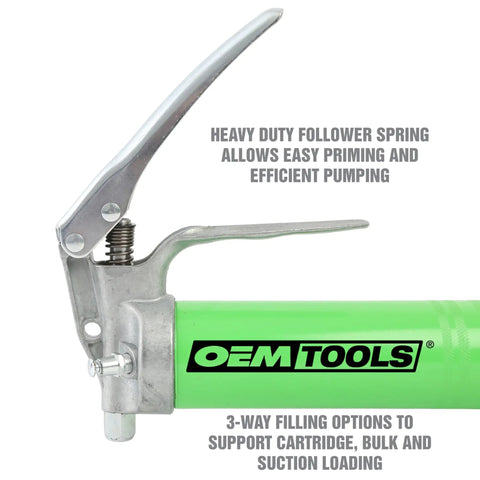 Beefy Pistol Grip Grease Gun Kit With 18 Inch Hose And Coupler Flexible Hose For Auto And Shop Use 6000 PSI High Pressure Durable Cast Aluminum Pump Head Grease Gun For Cartridge Or Bulk Fill with follower spring and 3-way filling options