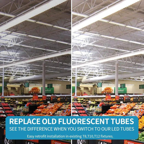 Comparison of lighting with old fluorescent vs. 8 Foot Ultra Bright V Shaped LED Shop Light Fixture With Clear Cover 120W 14400 Lumens