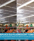 Comparison of old fluorescent vs. new 8 Foot Linkable LED Shop Light Fixture With 120W T8 Integrated 4 Rows of LED Tubes