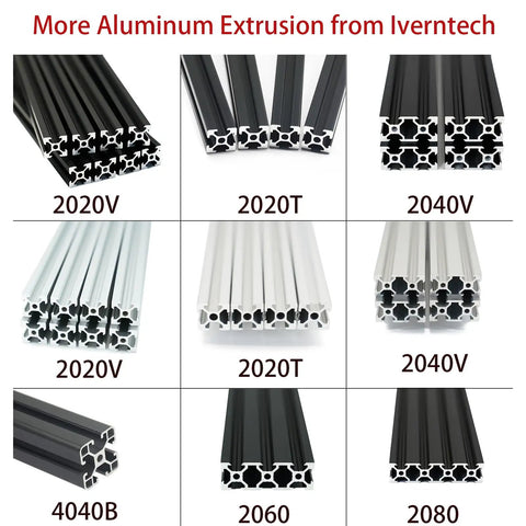 Grid of various aluminum extrusions including 2020V black anodized, suitable for DIY 3D printers and CNC machines.