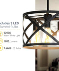 Close-up of 3 Light Pendant Fixture With 3 X 600 Lumen LED Bulbs Included, Vintage Farmhouse Industrial Metal X Cage Design, showcasing black ceiling light.