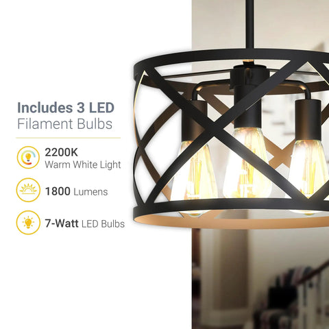 Close-up of 3 Light Pendant Fixture With 3 X 600 Lumen LED Bulbs Included, Vintage Farmhouse Industrial Metal X Cage Design, showcasing black ceiling light.