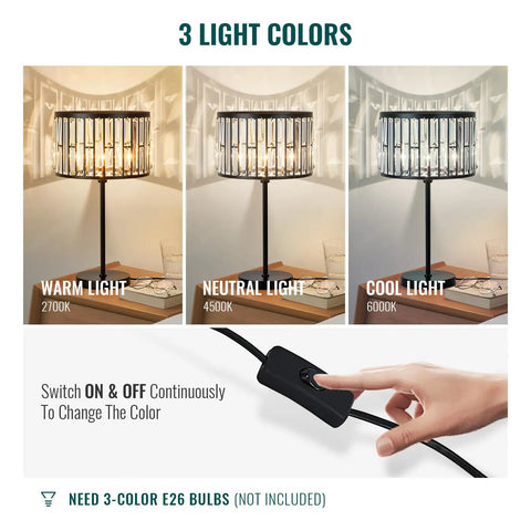 Sleek 21.6 Inch Black Industrial Bedside Lamp With Crystal K9 Shade, 3 Color Changing Mood Lighting, Plug In On Off Switch shown.