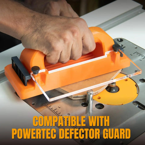 Person using Grab Push Block with Retractable Holder and Offset Handle on a table saw for safer, smoother cuts