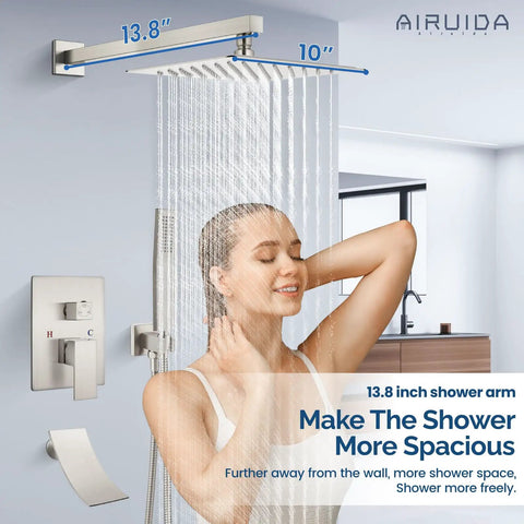 Three Function Shower Faucet System With Waterfall Tub Spout And Handheld Combo, 10 Inch Wall Mount Rainfall Showerhead