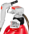 TERA PUMP TRFA03-XL battery-powered fuel transfer pump with auto-stop nozzle on a red gas can and brown vinyl hose