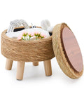 Open Handwoven Natural Seagrass Storage Ottoman Poufs Round Footrest Stool With 4 Wood Legs Comfy Padded Outdoor Seat