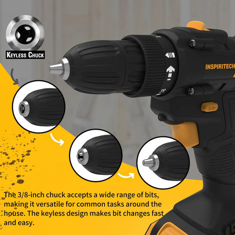 Close-up of 21V Cordless Drill Set With Two Batteries And Charger, showing keyless chuck and dual speed settings.