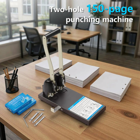 Heavy Duty Two Hole Paper Punch For Binders Metal Power Puncher with long lever on office table, 150 sheets capacity, 70mm spacing