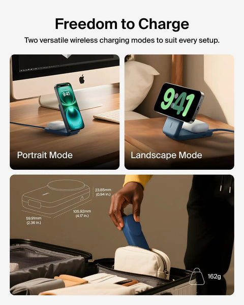 MagSafe 25W Wireless Charger Stand 2-in-1 Dock With Qi2.2 Fast Charge Foldable Phone Stand on desk in portrait and landscape modes