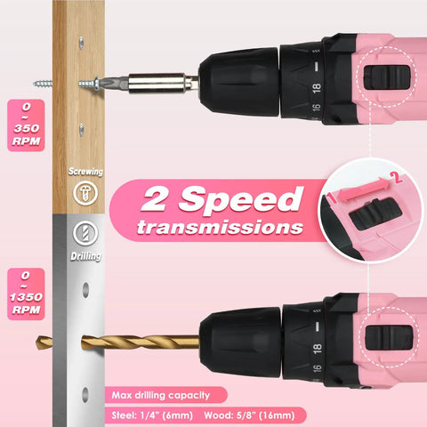 Pink 222 Piece Drill Driver And Home Tool Set For Women DIY Projects 12V Electric Drill Kit With 3 8 Inch Keyless Chuck showing 2-speed transmission