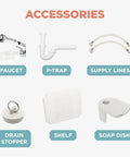 Accessories for All In One Freestanding Utility Sink With Pull Out Faucet including faucet, P-trap, supply lines, drain stopper, shelf, soap dish.