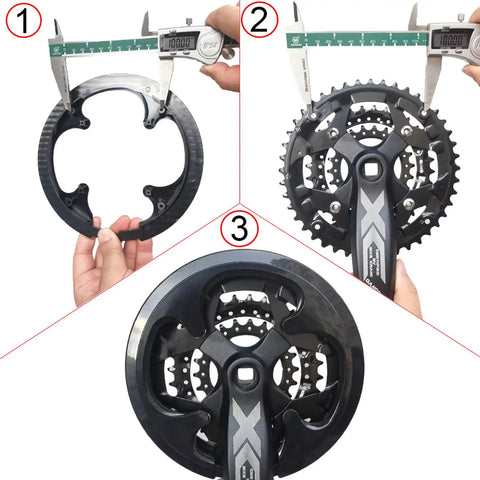 Measuring Bike Chainring Guard 42T Protector Cover for Mountain Bike Crankset Shield with digital caliper, off-road use.