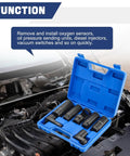 7 Piece O2 Oxygen Sensor Socket Set For Auto Repair With Premium Chrome Molybdenum Steel Black Oxide Finish Low Profile Six Point Sockets And Side Cutout Design For Hard To Reach Sensors in blue case