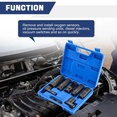 7 Piece O2 Oxygen Sensor Socket Set For Auto Repair With Premium Chrome Molybdenum Steel Black Oxide Finish Low Profile Six Point Sockets And Side Cutout Design For Hard To Reach Sensors in blue case