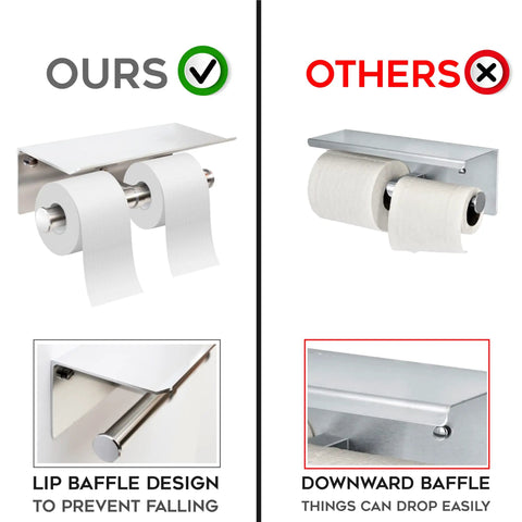 Comparison of Two In One Bathroom Organizer Lifesaver Dual Toilet Paper Holder With Built In Shelf and standard holder, focus on baffle design.