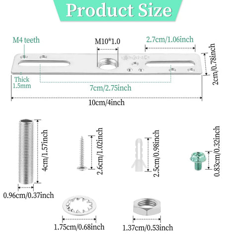 Four Inch Light Fixture Mounting Bracket Kit Three Pack With Small Chandelier Hold Plates And Universal Lamp Fixture Hardware For DIY Easy Chandelier Or Wall Light Installations Includes Three Crossbars Three Lamp Pipes And Ground Screws. 4in steel bracket size diagram