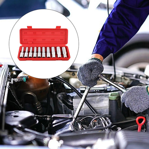 10 Piece E Star Socket Wrench Set Shop Grade Alloy Steel Mechanic Tools in use under car hood with portable carry box visible.