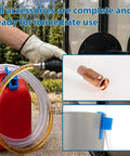 Portable Manual Gas Transfer Pump With Five Eighth Inch High Flow Siphon Hose And Dual PVC Hoses For Quick Gas And Water Transfer, Easy Hand Pump Sucker Tool For Fast Liquid Transfer, shown filling a red fuel can