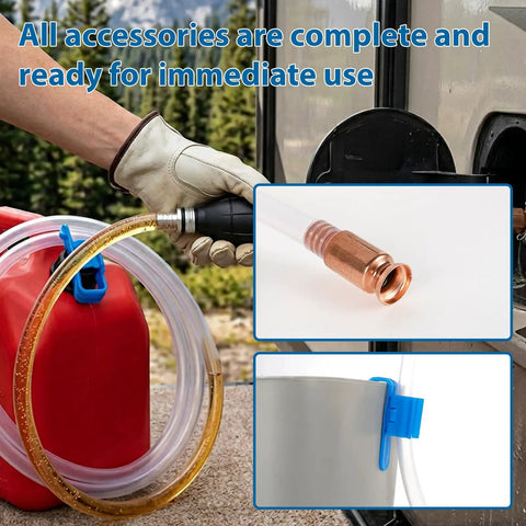 Portable Manual Gas Transfer Pump With Five Eighth Inch High Flow Siphon Hose And Dual PVC Hoses For Quick Gas And Water Transfer, Easy Hand Pump Sucker Tool For Fast Liquid Transfer, shown filling a red fuel can