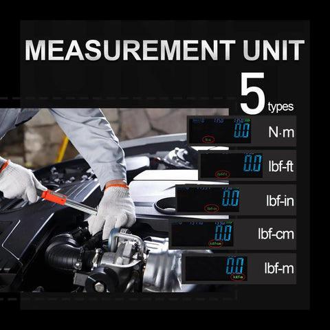 Digital 3/8 Inch Torque Wrench with five modes, used on car engine, displays in Nm, lbf-ft, lbf-in, lbf-cm, lbf-m