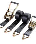 Four Pack Heavy Duty Ratchet Straps Two Inch By Twenty Foot Cargo Tie Downs with metal ratchets and black webbing, ideal for securing cargo.