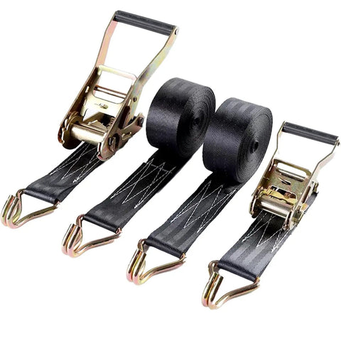 Four Pack Heavy Duty Ratchet Straps Two Inch By Twenty Foot Cargo Tie Downs with metal ratchets and black webbing, ideal for securing cargo.