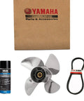 Yamaha genuine parts including a propeller, v-belt, lubricant spray, and packaging box, high-performance engine components