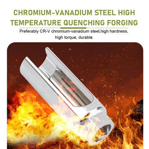 Chromium-vanadium steel construction of Oxygen Sensor Socket And Oil Pressure Sensor Wrench Remover Tool shown amidst flames.