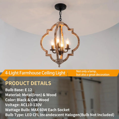 Dope Four Light Farmhouse Wood Chandelier With Rustic Orb Pendant Lighting Fixture And Adjustable Chain hanging in room