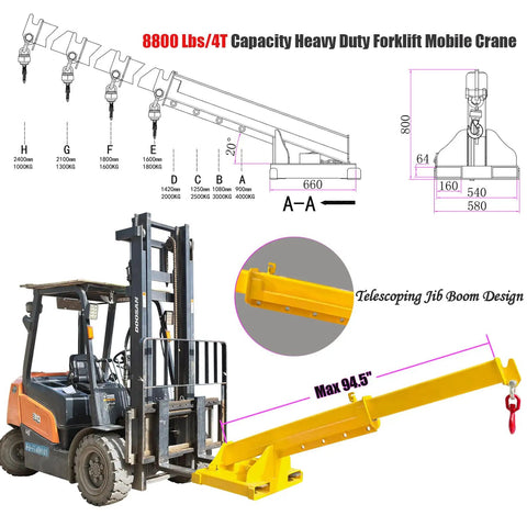 Heavy Duty Forklift Jib Boom Crane With 8800 Lb Capacity, showcasing telescopic arm and truss hoist for lifting operations.
