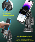 Anti-Theft Phone Mount With Vibration Dampener And 1 Second Lock Release Cam Friendly Aluminum Arm And Square Base For Cars Boats Trucks Motorcycles ATVs UTVs Fits 5.4 To 7.2 Inch Phones Secure Shock Absorbing Grip, shown with phone displayed and 1-second lock release demonstration.
