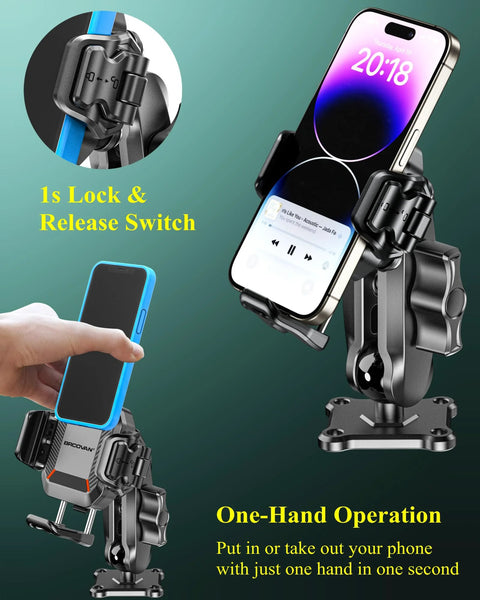 Anti-Theft Phone Mount With Vibration Dampener And 1 Second Lock Release Cam Friendly Aluminum Arm And Square Base For Cars Boats Trucks Motorcycles ATVs UTVs Fits 5.4 To 7.2 Inch Phones Secure Shock Absorbing Grip, shown with phone displayed and 1-second lock release demonstration.